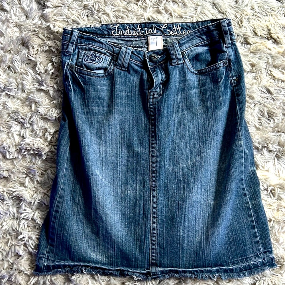 Industrial Cotton knee length denim skirt size 7 raw hem frayed